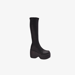 Black Chunky High-heeled Platform Knee Boots