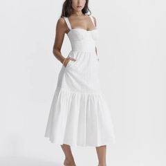 White broeadered Jacquard Midi A-Line Dress