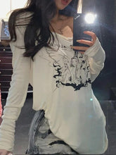 Anime Print Slanted Shoulder Oversized Long Sleeve Tee