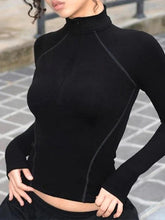 Solid Seam Detail Mock Neck Slim Long Sleeve Tee