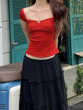 Cap-Sleeve Square-Neck Plain Bow Crop Tee