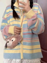 Colorful Stripe Splice Lapel Neck Cardigan