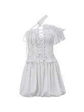Asymmetric Design Crossover Lacing Corset Bandeau & Puff Hem Skirt Set