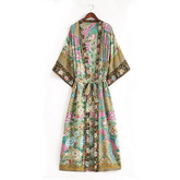 Women's Green Floral Print Kimono With Brown Lapel