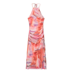Ombre Halter Neck Ruched Midi Dress