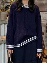 Striped Trim Cable Knit Pullover Sweater