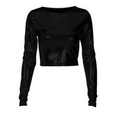 Long sleeve crewneck metallic solid crop top