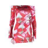 Long sleeve off shoulder hollow out print cut out mini dress