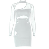 Long sleeve hollow out high neck mesh patchwork cut out mini dress