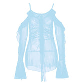 Long flared sleeve Off shoulder sheer mesh ruffle mini dress