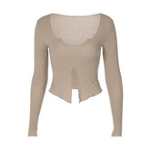 Long sleeve notch neck ruffle solid slit crop top