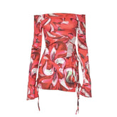 Long flared sleeve off shoulder print mini skirt set