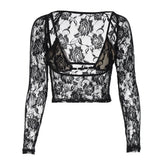 Long sleeve hollow out contrast lace 2 piece cut out top