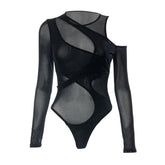 Long sleeve off shoulder irregular sheer mesh bodysuit