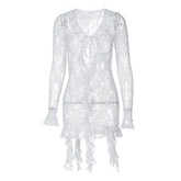 Long flared sleeve ruffle lace see through mini dress