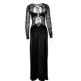 Long sleeve crewneck lace hollow out high slit cut out maxi dress