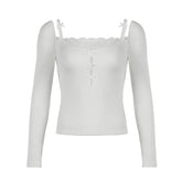 Long sleeve off shoulder lace hem bowknot top