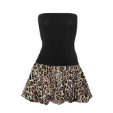 Leopard print patchwork ruched tube mini dress