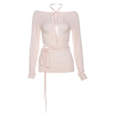 Long sleeve halter ribbon round neck top