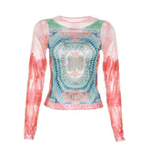 Long sleeve crewneck contrast abstract mesh top