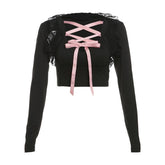 Long sleeve lace hem lace up shrug 2 piece top