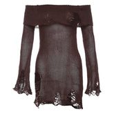 Long flared sleeve off shoulder hollow out see through knitted cut out mini dress - Final Sale
