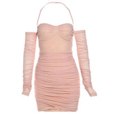 Long sleeve halter off shoulder ruched mini dress