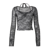 Long sleeve halter lace ruched see through top