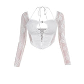 Long sleeve halter lace bustier hollow out crop cut out top