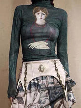 Vintage Portrait Print Mesh High Neck Long Sleeve Tee