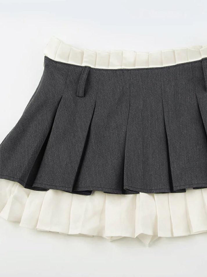 Contrast Paperbag Waist Splice Pleated Mini Skirt