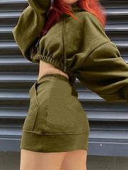 Solid Hooded Cropped Elastic High Rise Two Piece