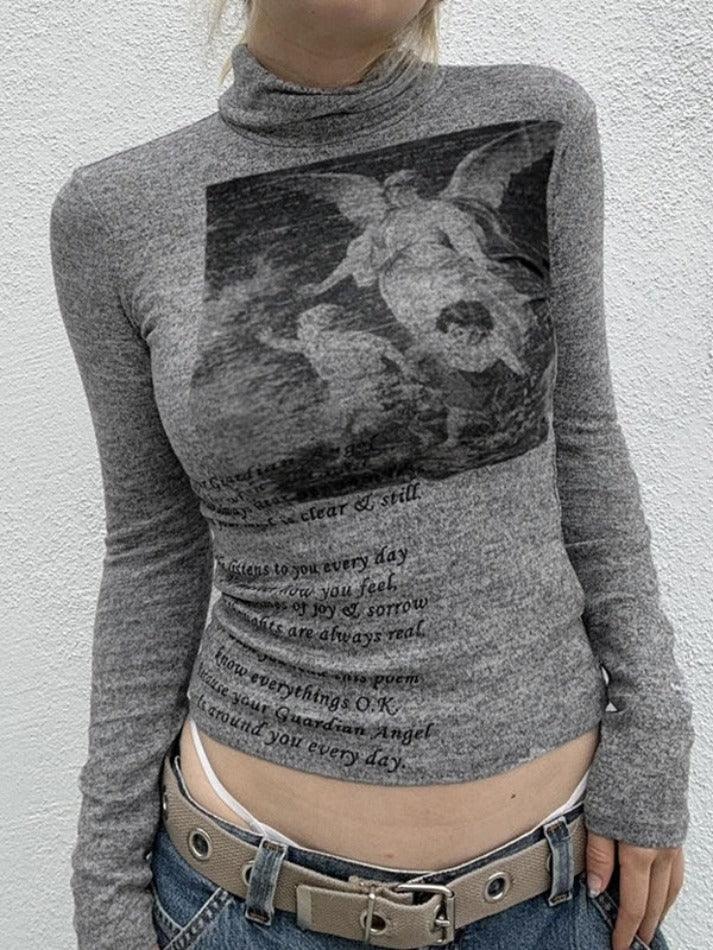 Vintage Cherub Print Turtleneck Slim Long Sleeve Tee