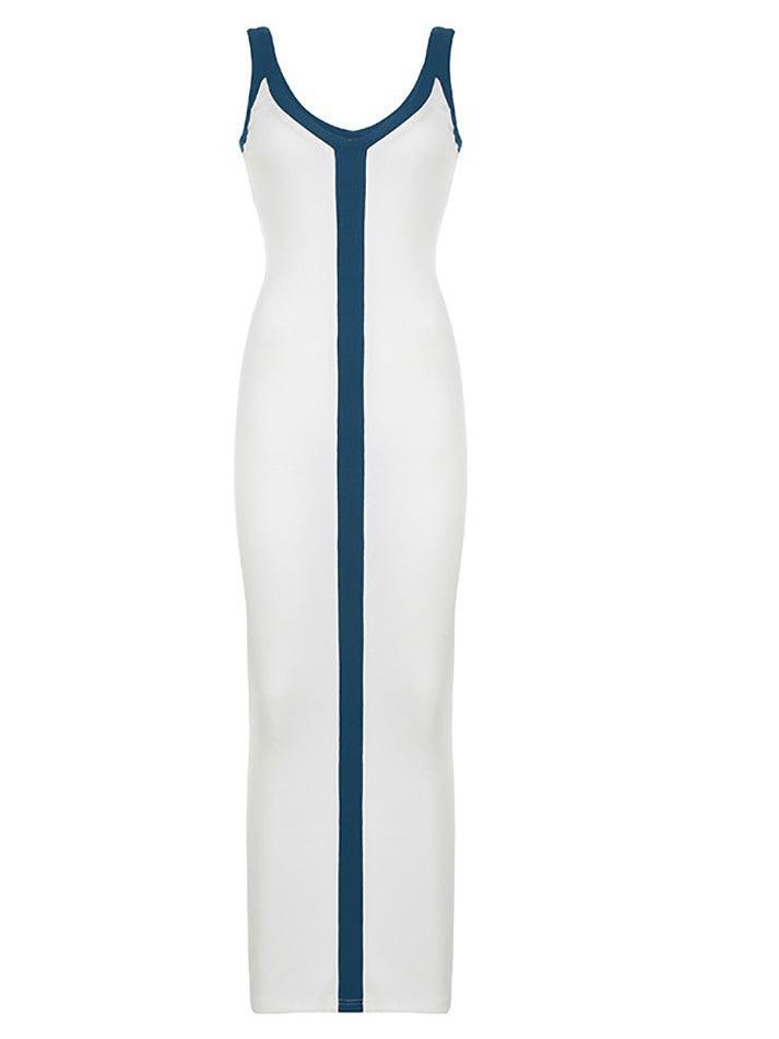 Colorblock V-neck Knit Split Maxi Dress