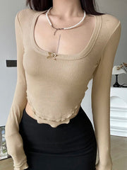 Basic Square Neck Bow Crop Knit Top