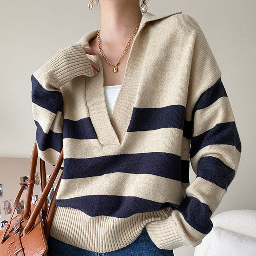 V Neck Collared Striped Sweater