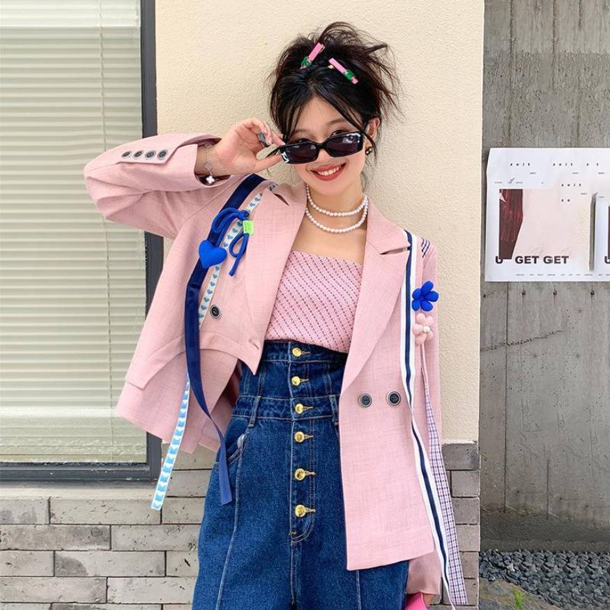 Flower & Ribbon Decor Irregular Blazer