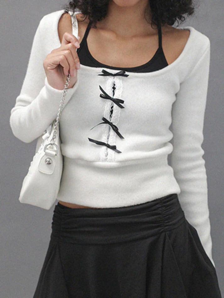 Contrast Bow Cutout Halter Two Piece Long Sleeve Tee