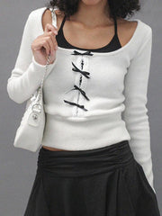 Contrast Bow Cutout Halter Two Piece Long Sleeve Tee
