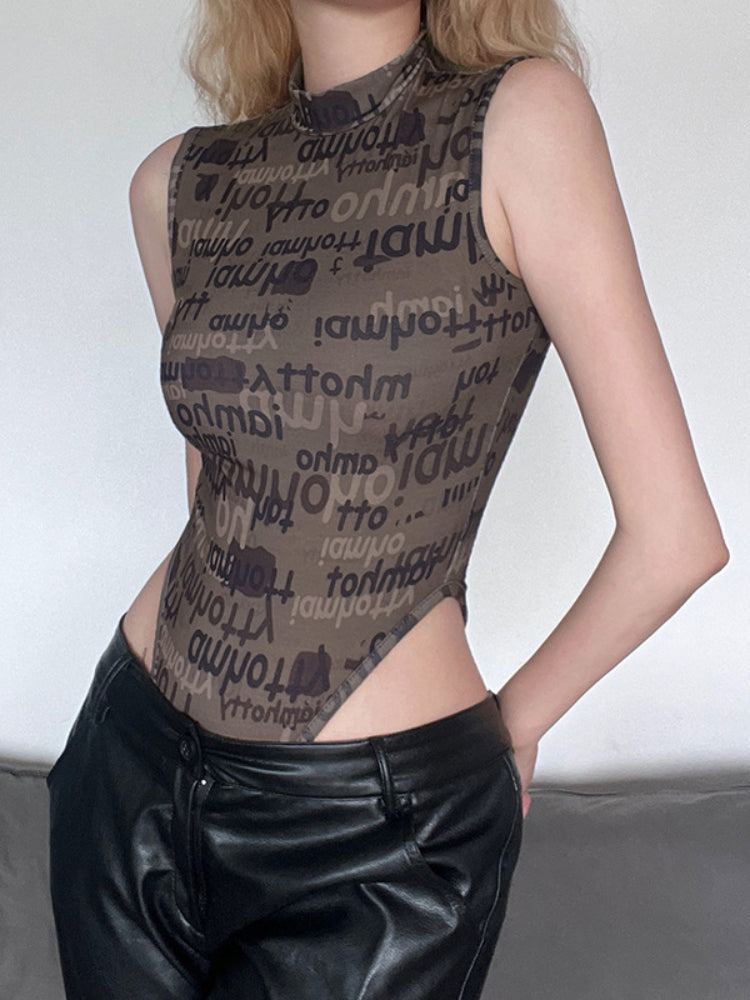 Army Green Letter Print Bodysuit