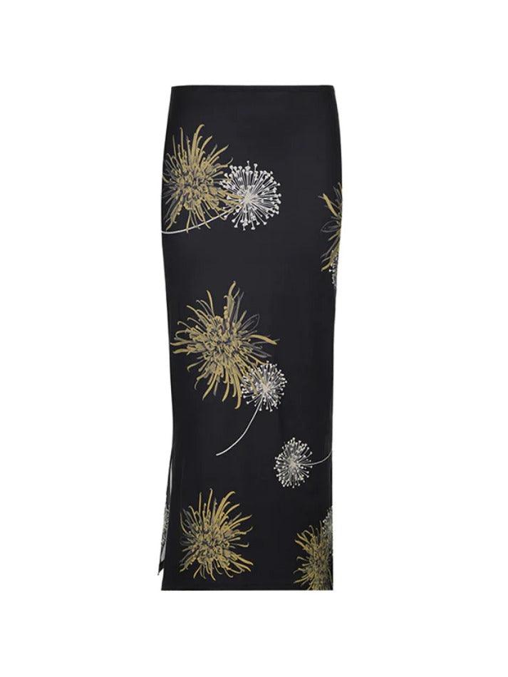 Flower Print Split Midi Skirt
