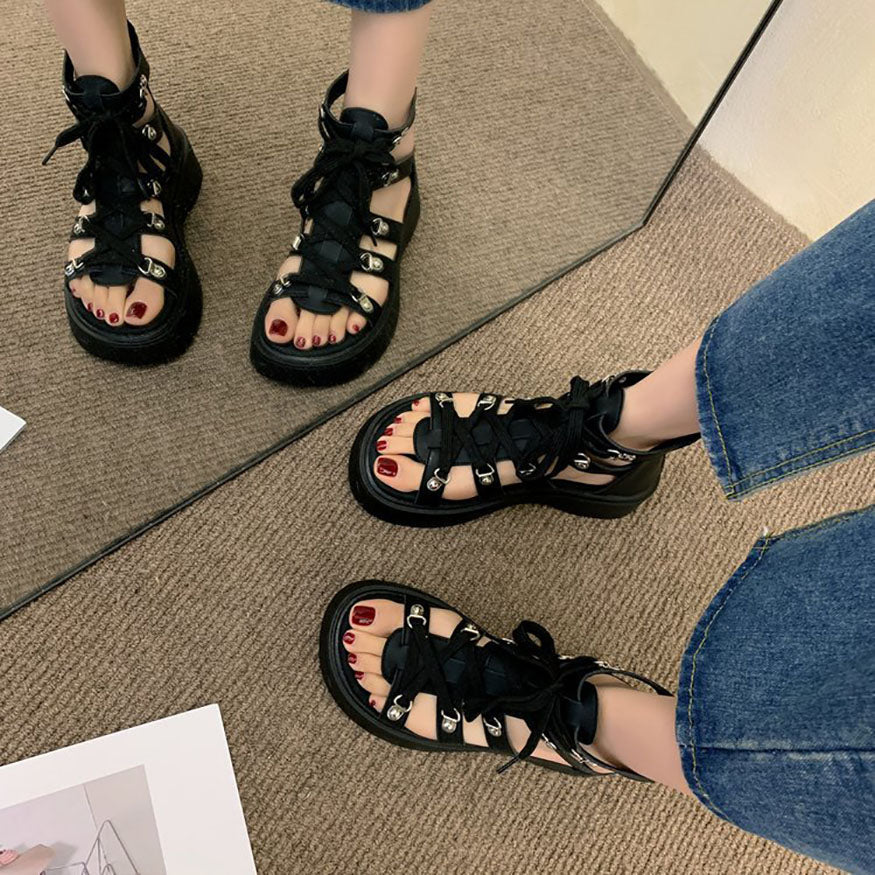 Thick-Sole Lace Up Roman Sandals