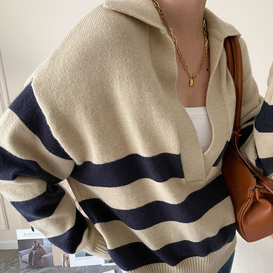 V Neck Collared Striped Sweater