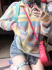 Colorful Stripe Splice Lapel Neck Cardigan