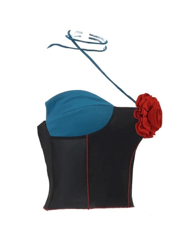 Three-dimensional Flower Decor Splice Halter Vest