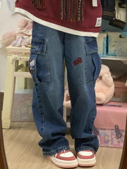 Cartoon Embroidery High Waist Loose Boyfriend Jeans