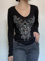 Gothic Rhinestone Print V Neck Long Sleeve Tee