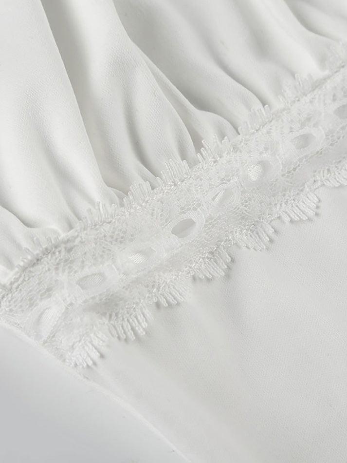 Ruffle Tie Solid White Bubble Sleeve Tee