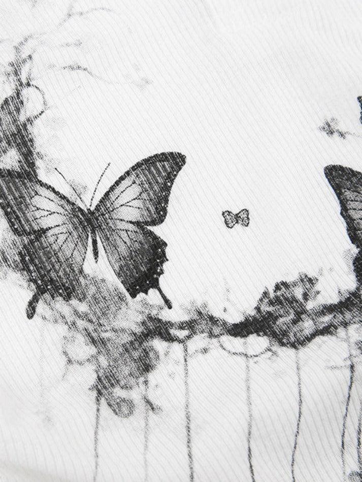 Butterfly Print Square Neck Ruched Crop Long Sleeve Knit