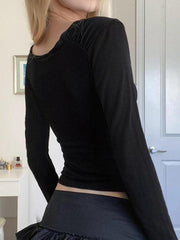 V Neck Tie Up Bow Long Sleeve Tee
